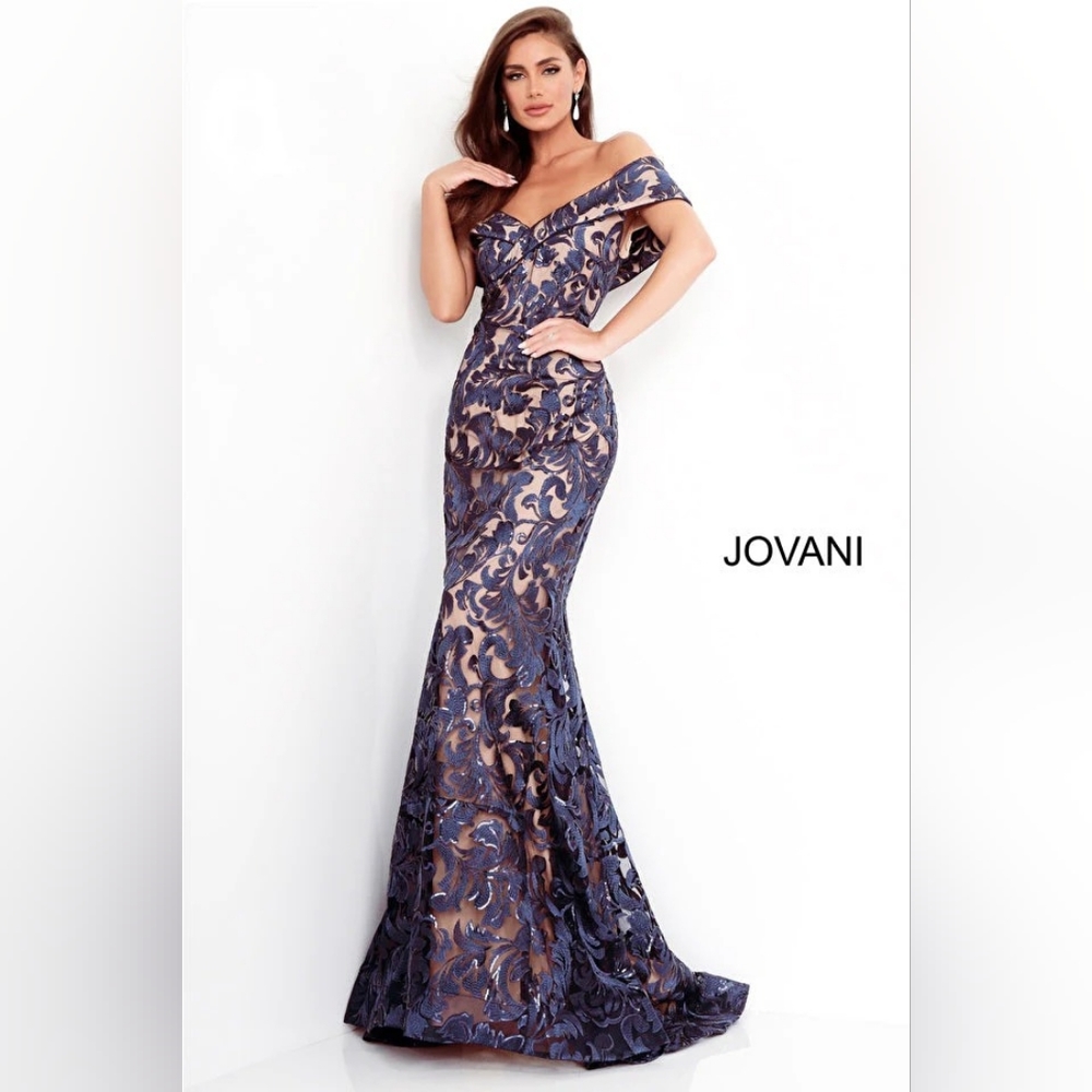 Jovani 02912 Navy Lace Off The Shoulder Evening Gown